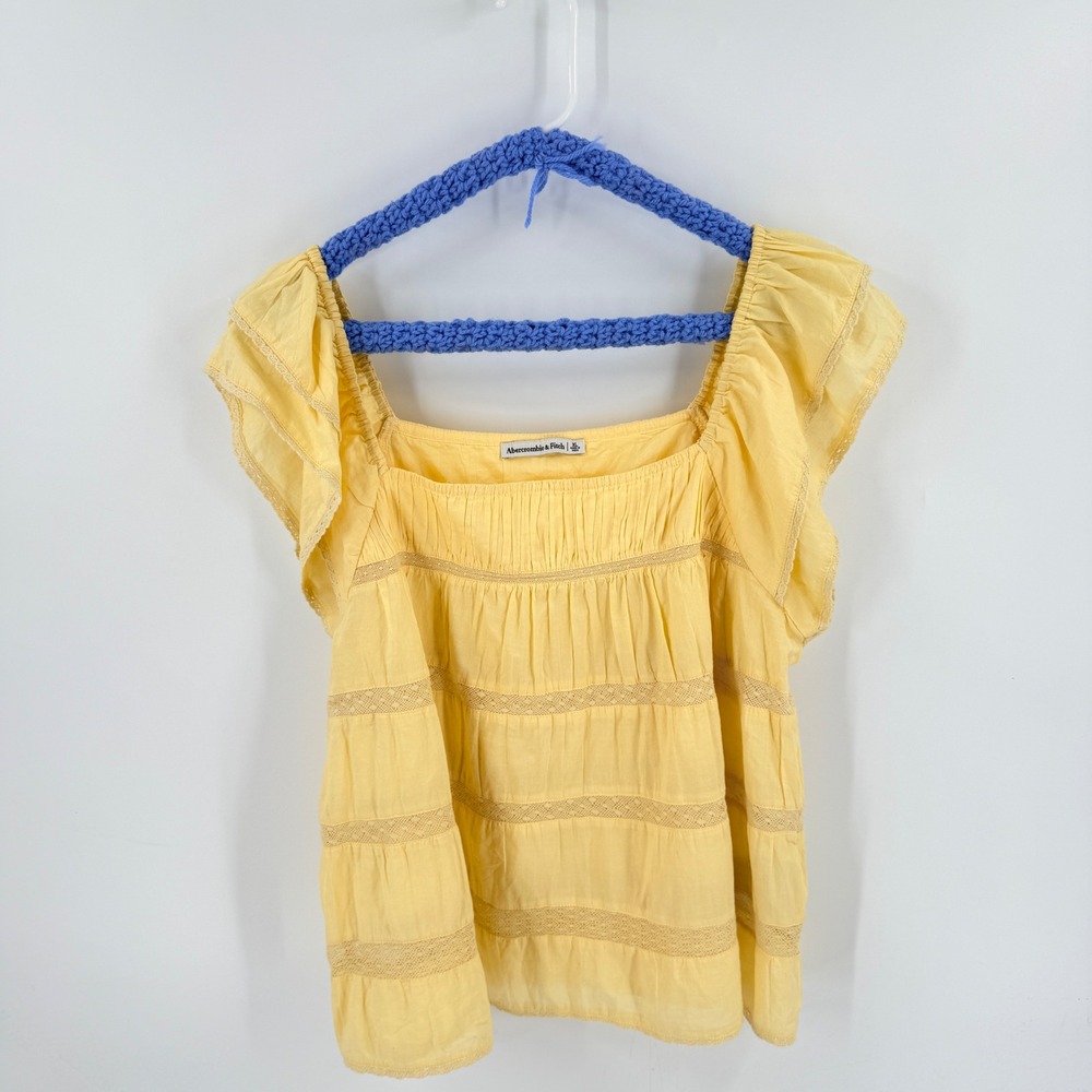 Abercrombie & Fitch Flutter Sleeve Lace Trim Top Butter Yellow XL Boho Cottage